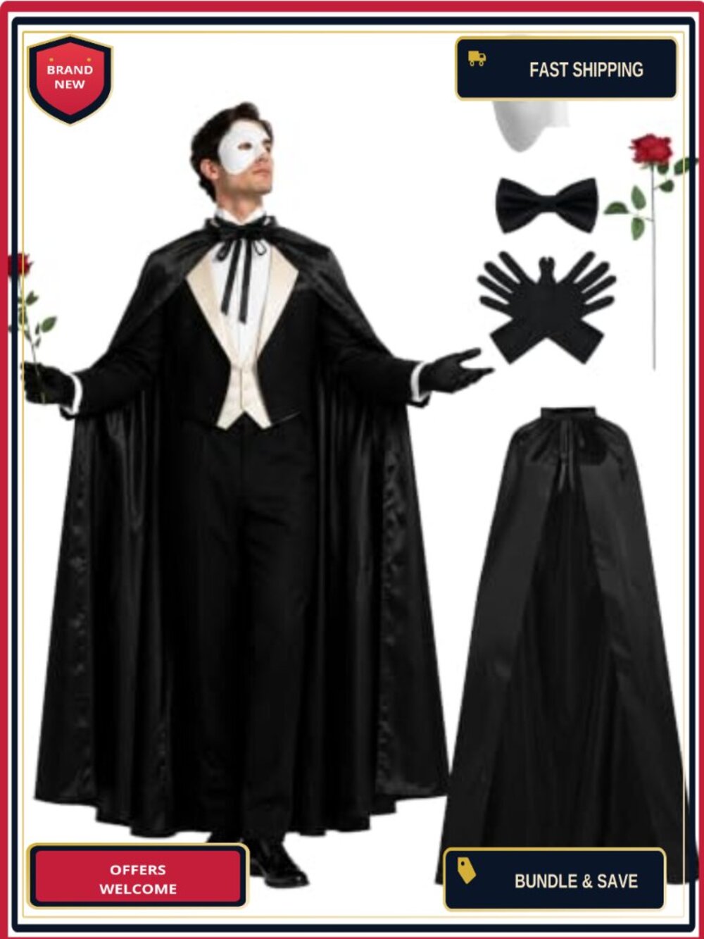 Opera Costume Set Men Phantom Masquerade Cape Mask Adult Cosplay